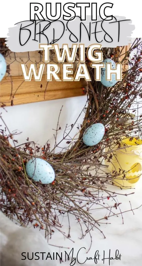 Twig wreath with decorative Easter eggs and text overlay.