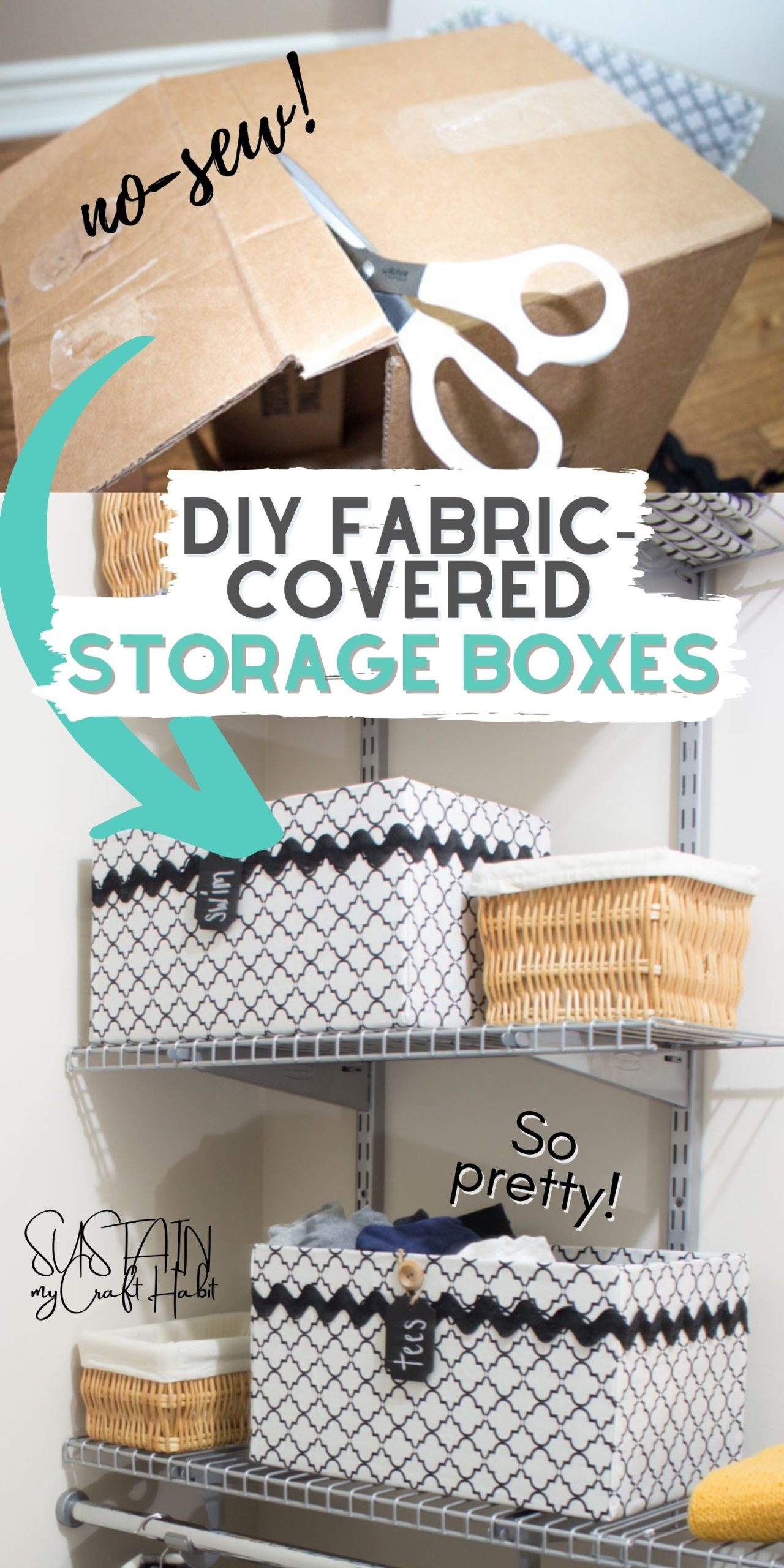 Collage with a cardboard box on top with an arrow pointing down to the finished decorative storage boxes styled on closet shelves.