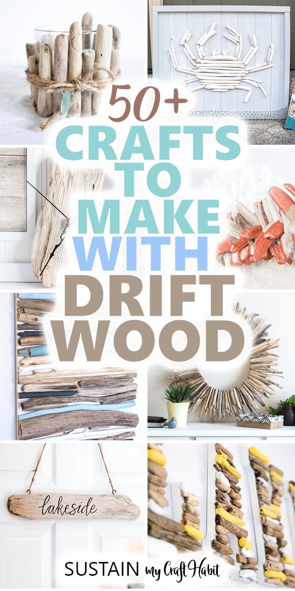 Collage of images with driftwood crafts to make including driftwood art, clock, wreath, garland, sign and more.