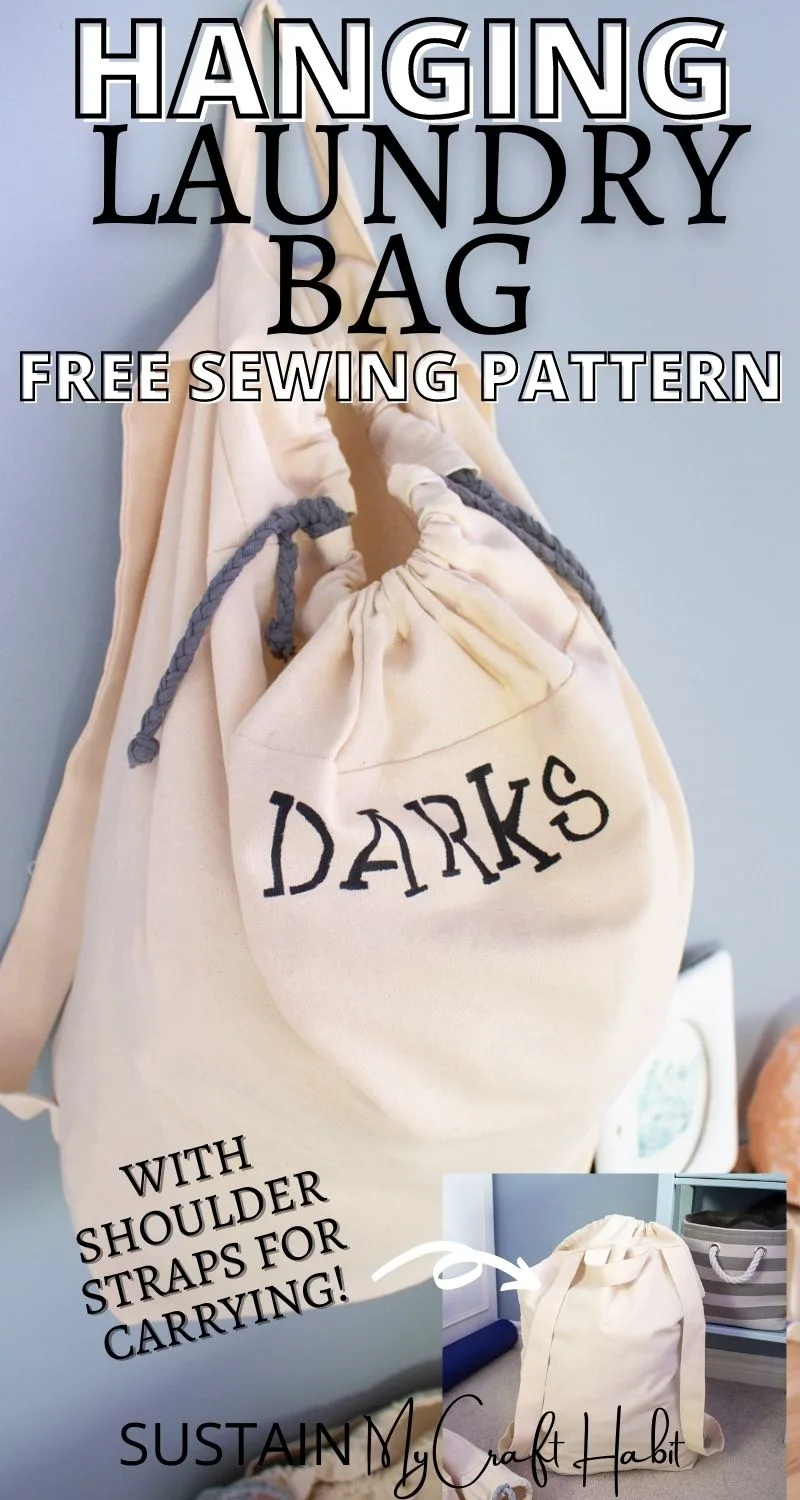 Hanging laundry bag with free sewing pattern and text overlay.