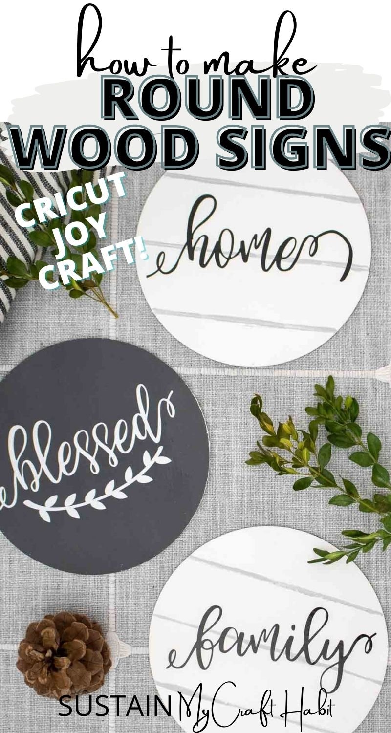 Round wood signs with vinyl lettering decorated with pine cones and greenery with text overlay.