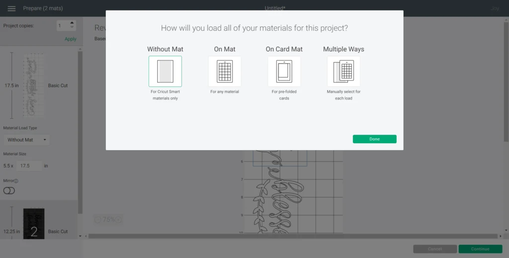 Screenshot of Cricut Design Space and how to choose appropriate mat for cutting the decals.