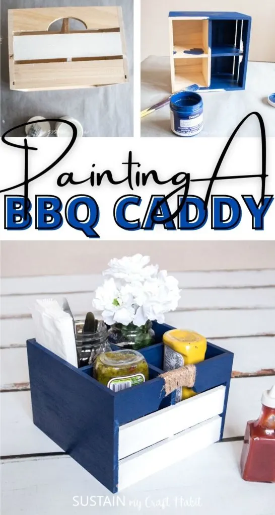 Collage of a painted BBQ caddy with text overlay.