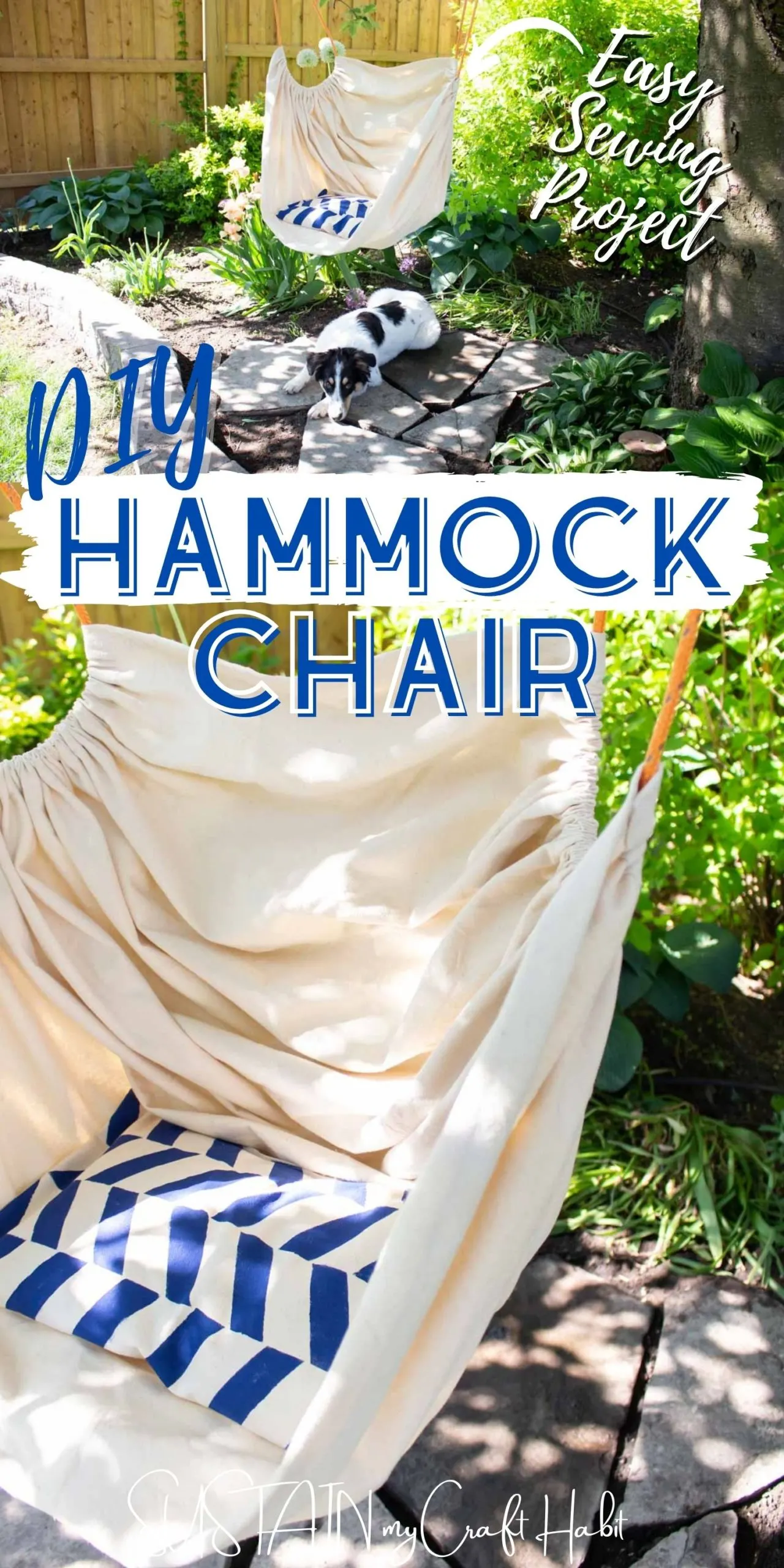 Collage of fabric hammock chair with text overlay.