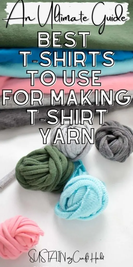 Rolled balls of tshirt yarn with text overlay.