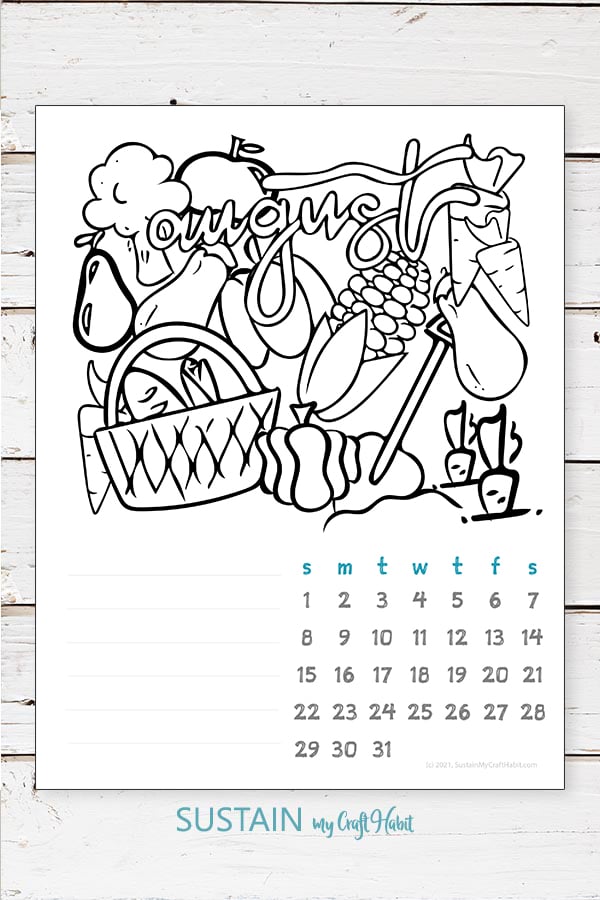 August 2021 calendar printable coloring page illustration overlayed onto a rustic white wood background.