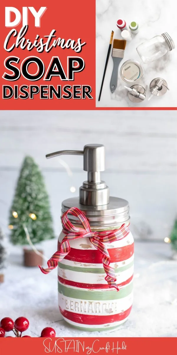 Collage of materials and finished mason jar soap dispenser with text overlay.
