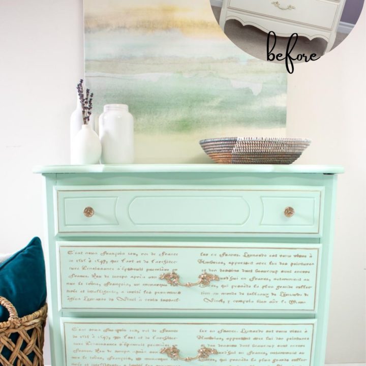 Upcycled dresser painted mint green with cold lettering in a French country style.