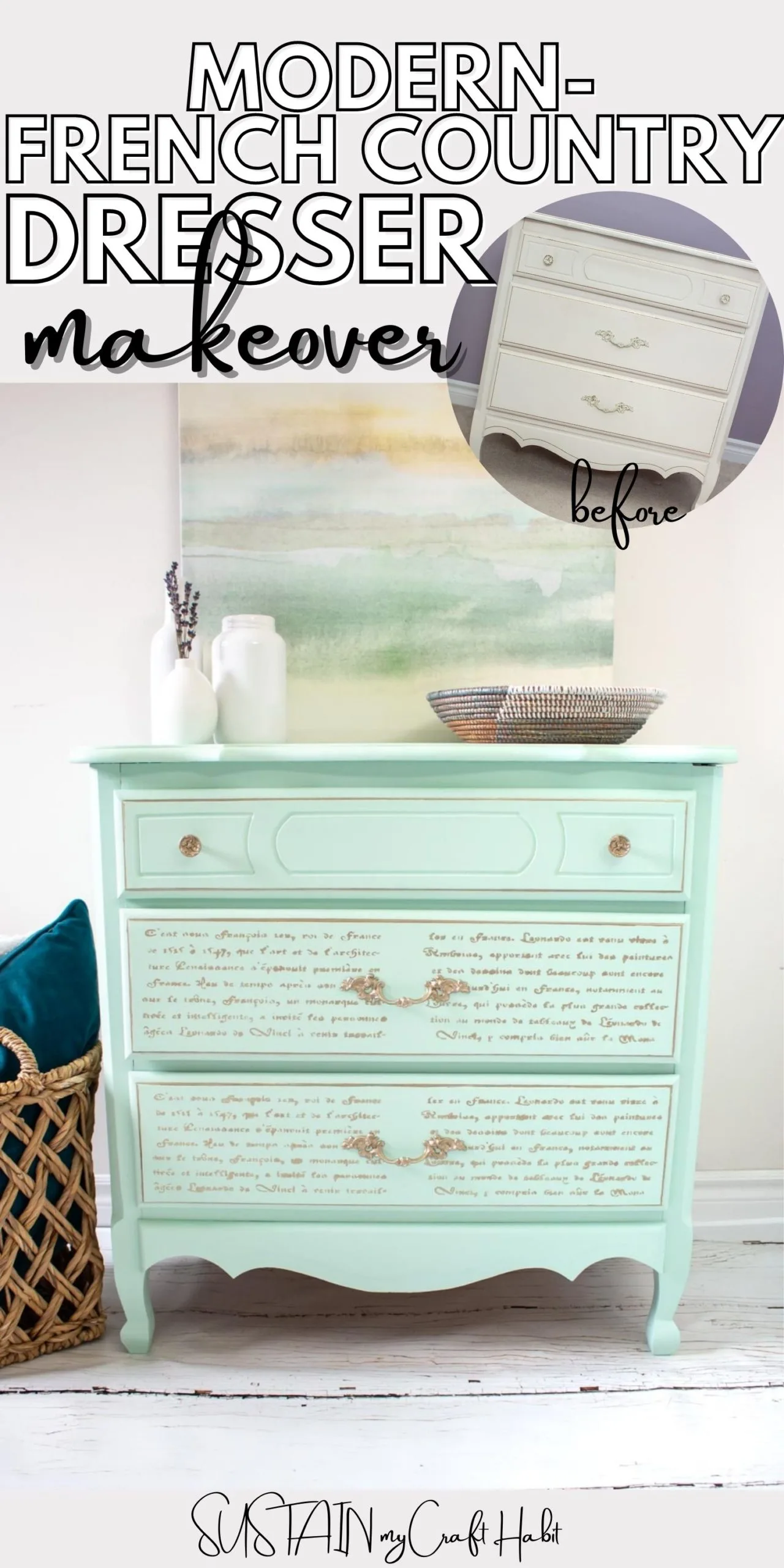 Finished modern french country furniture makeover with text overlay.