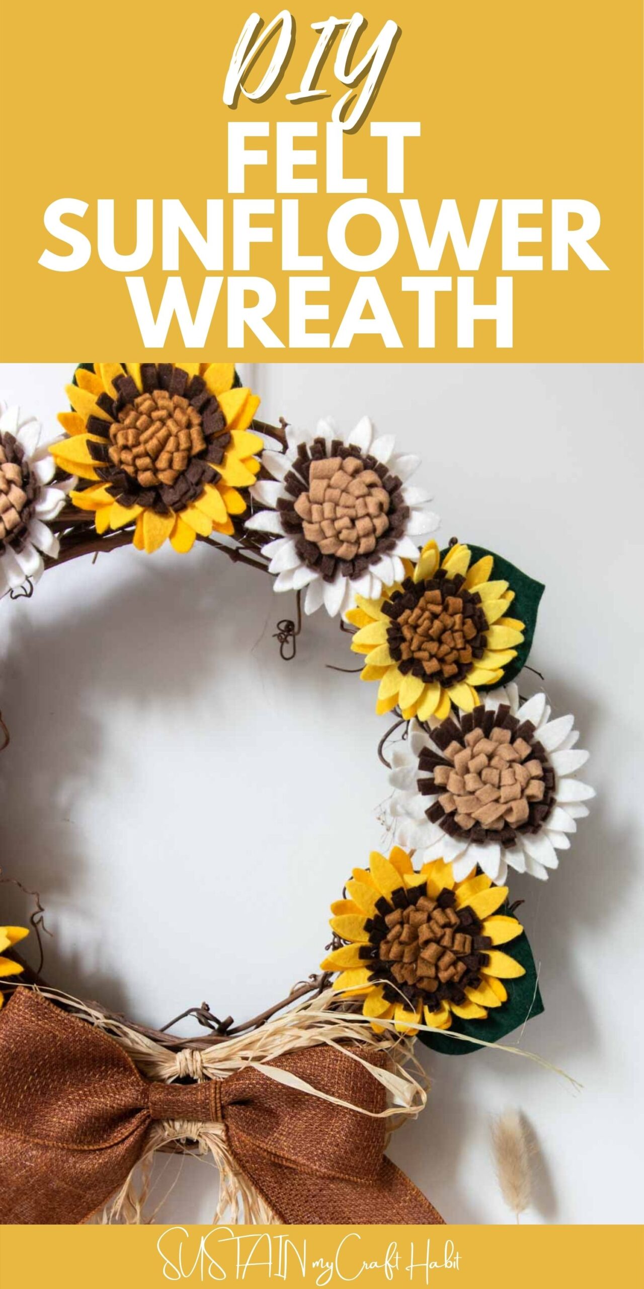 Completed felt DIY sunflower wreath with text overlay.
