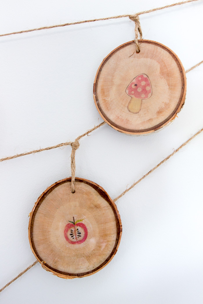 Close up of wood slice garland with woodland pictures.