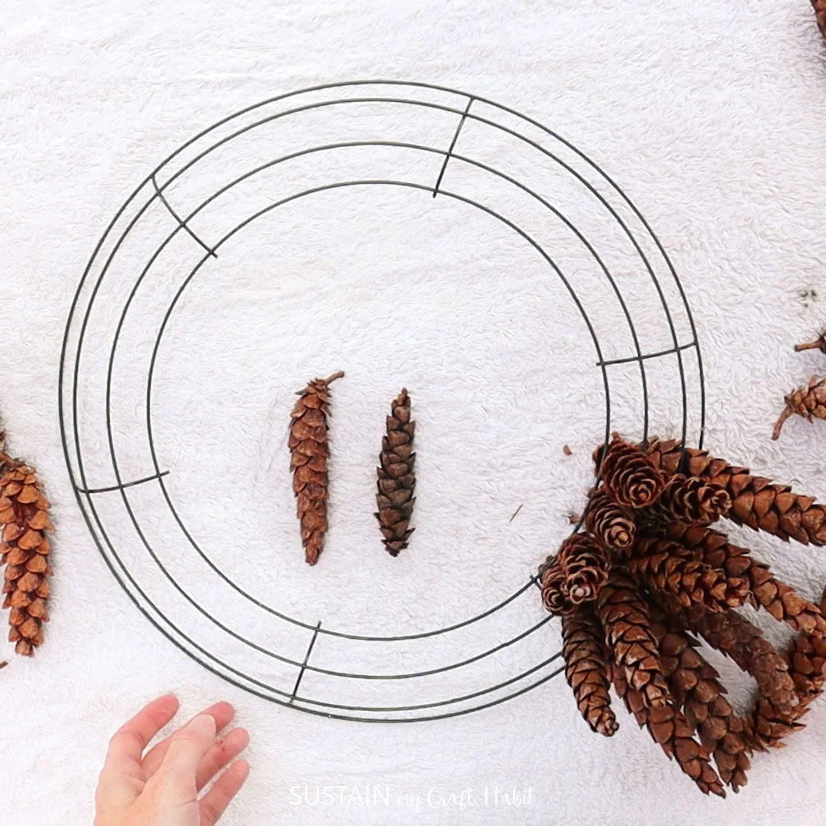Adding more pinecones into the wreath form.
