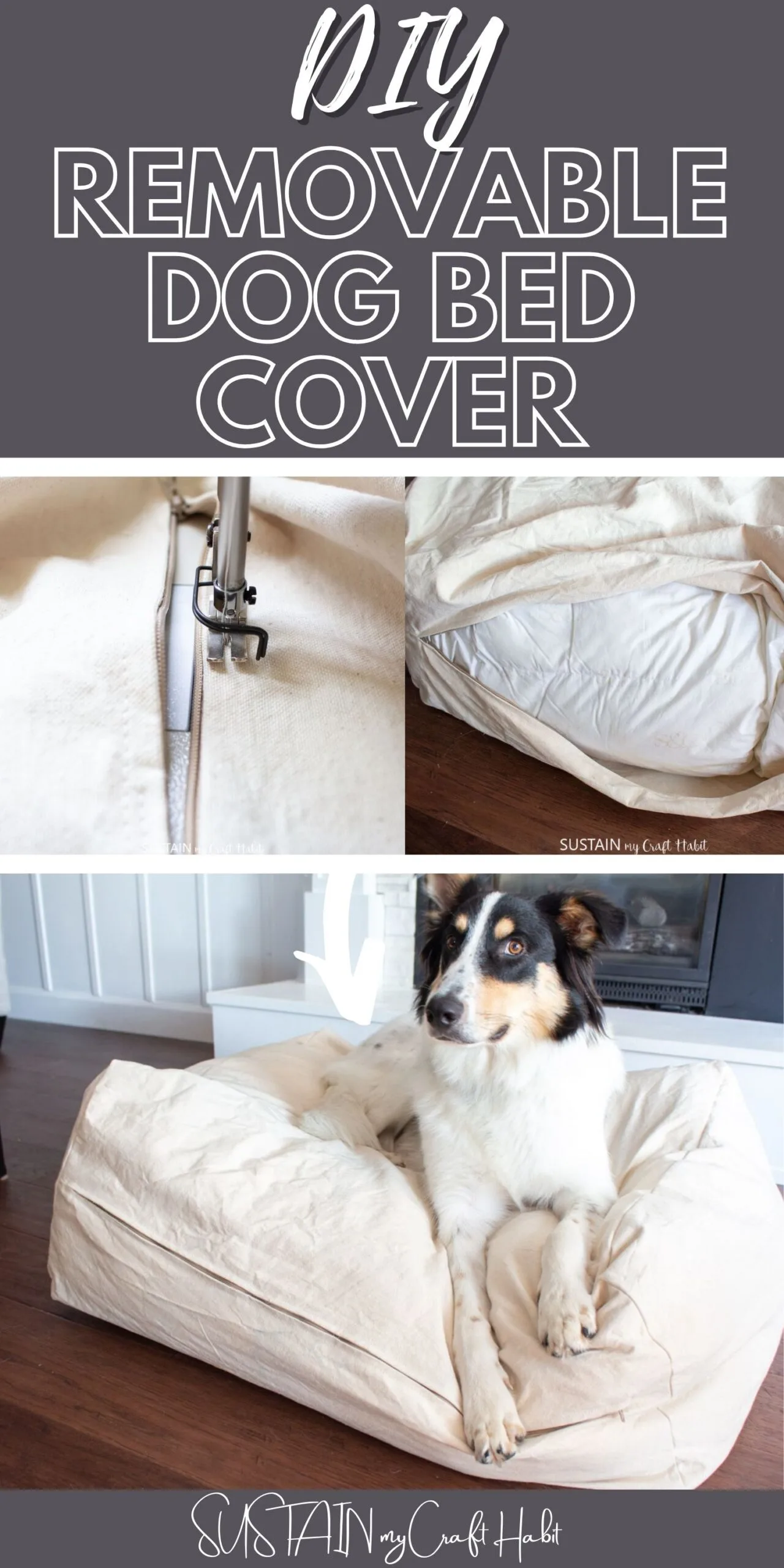 Collage of images as examples for how to make a DIY dog bed cover.