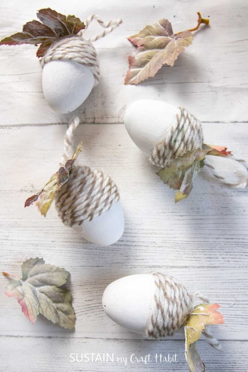 Finished upcycled plastic egg acorn ornament craft.
