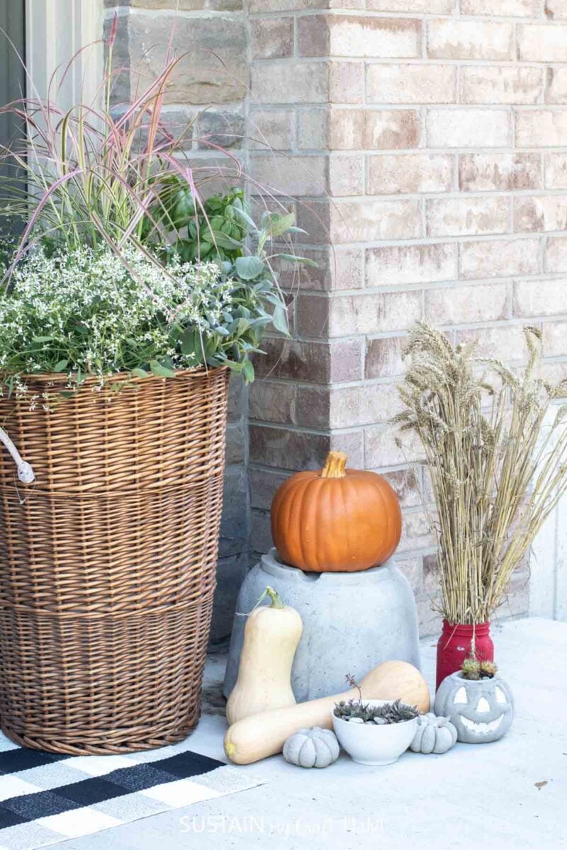 Wicker basket fall planter with greenery, next to pumpkins and squash.