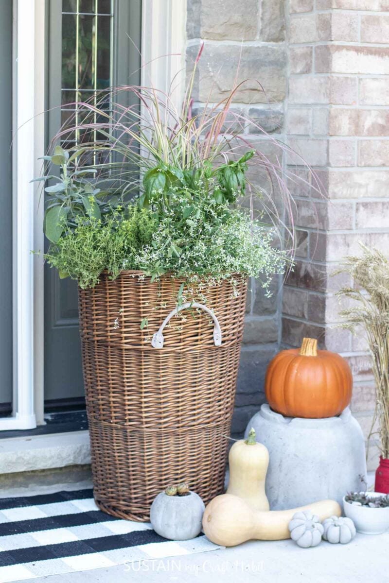 Fall planter next to pumpkins and squash.