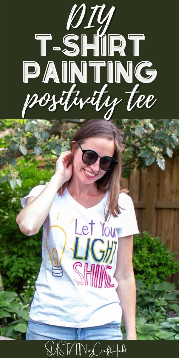 Woman wearing the finished "let your light shine" painted tshirt.