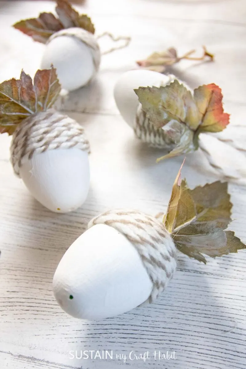 Finished upcycled plastic egg acorn ornament craft.
