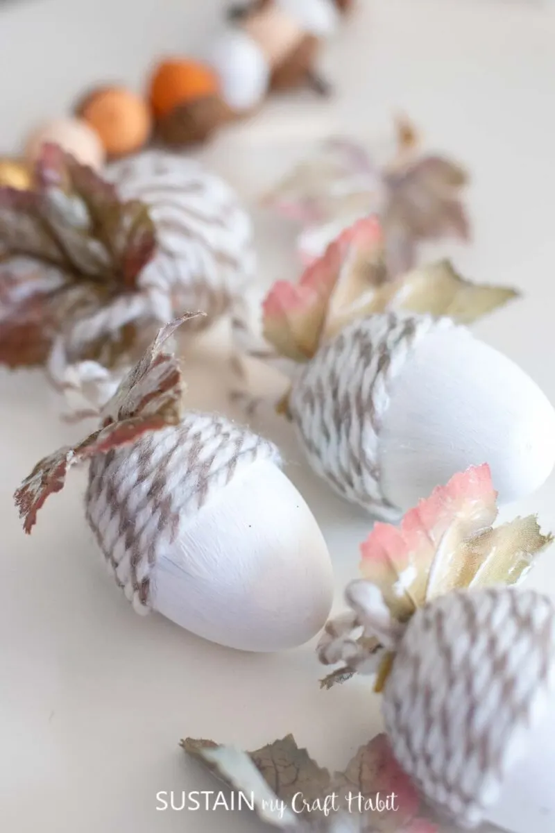 Close up of upcycled plastic egg acorn ornaments