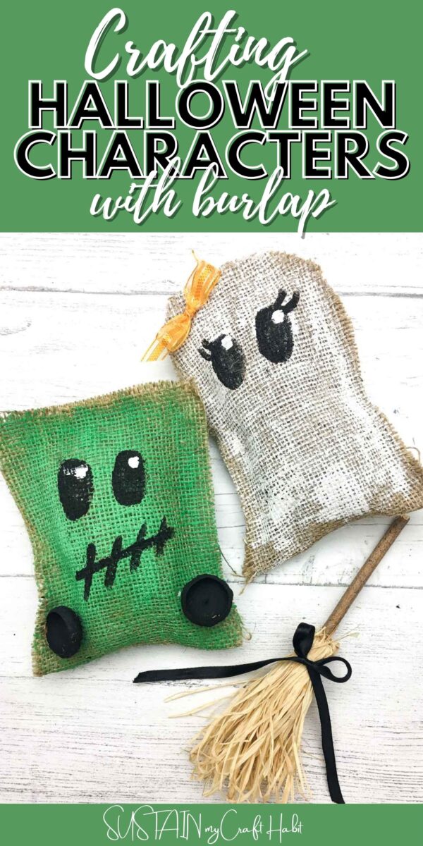Decorative Halloween stuffies made as a ghost and Frankenstein's monster with text overlay.