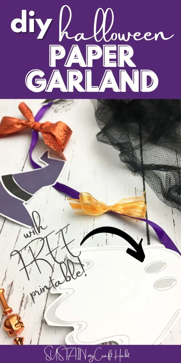 Halloween paper garland with text overlay.