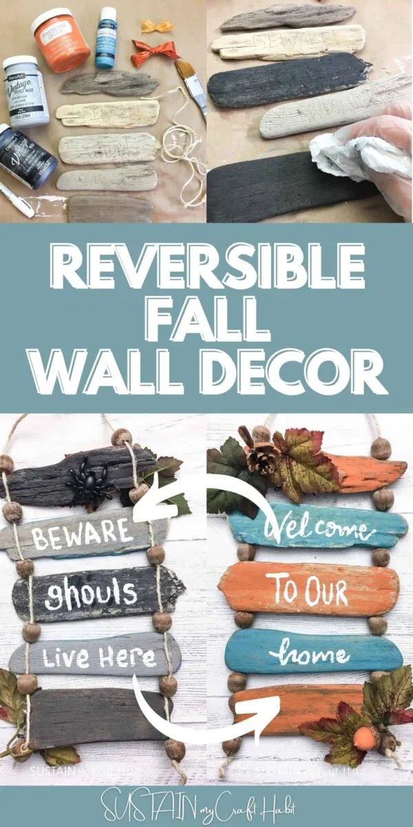 Collage of reversible driftwood wall decor for fall with text overlay.