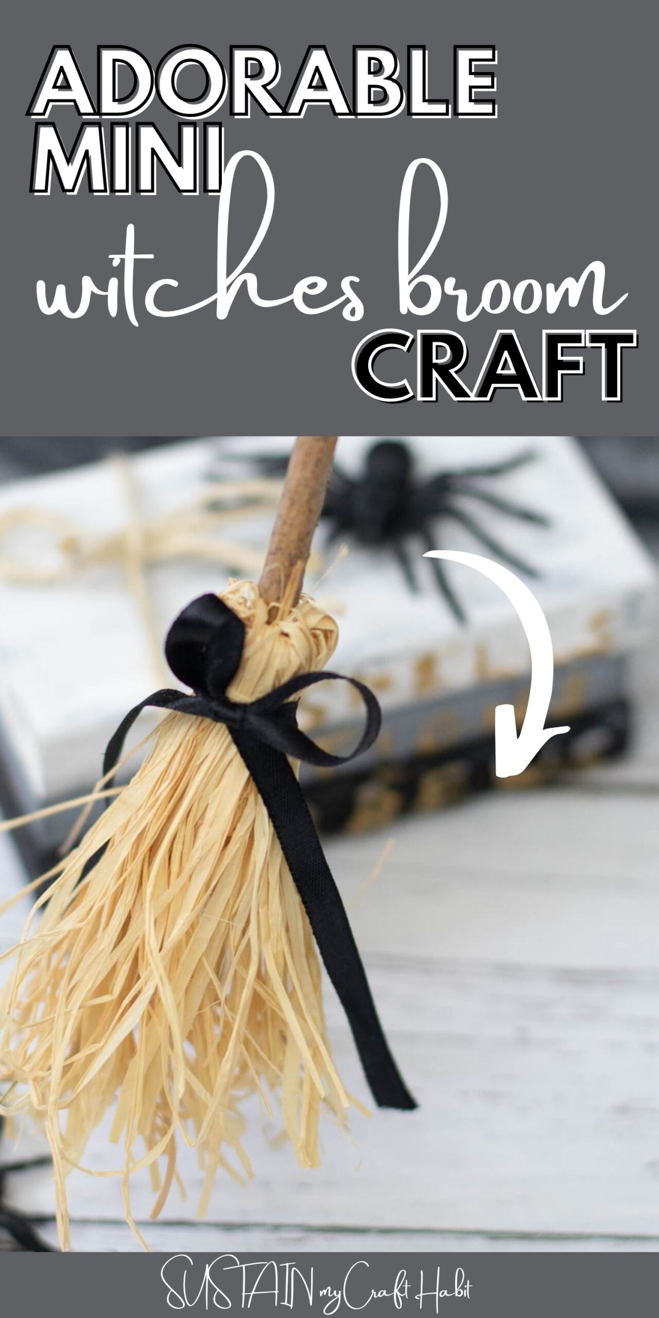 Mini witches broom craft with text overlay.