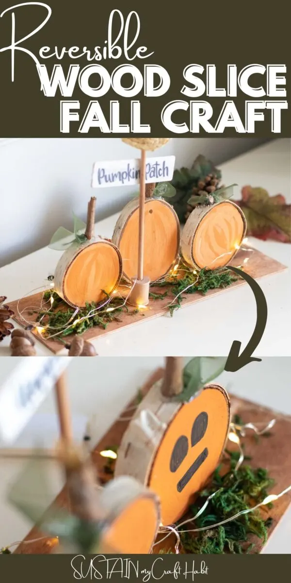 Collage of reversible wood slice pumpkin patch with text overlay.