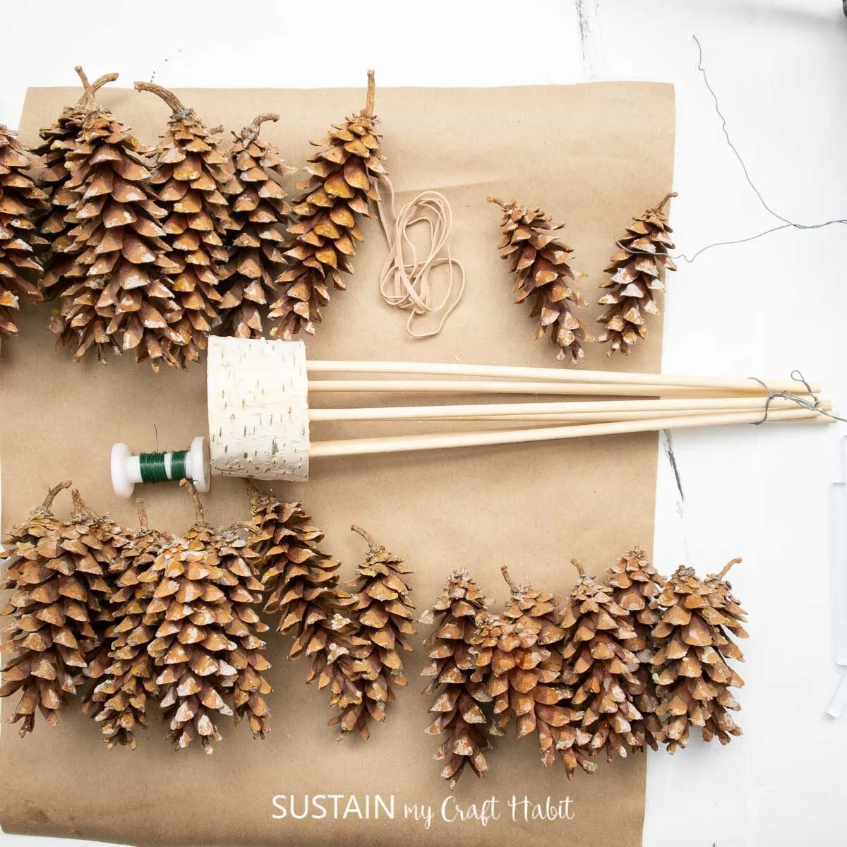 Materials needed to make Pinecone tabletop Christmas trees including pine cones, wooden dowels, rubber bands, birchwood and floral wire.