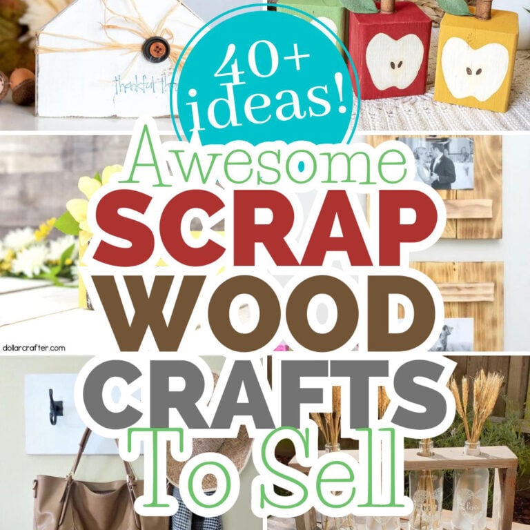 Collage of small images with text overlay reading awesome scrap wood crafts to sell.