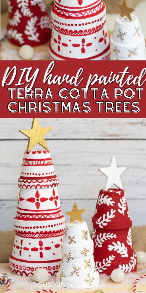 Collage of painted terracotta pot Christmas trees with text overlay.