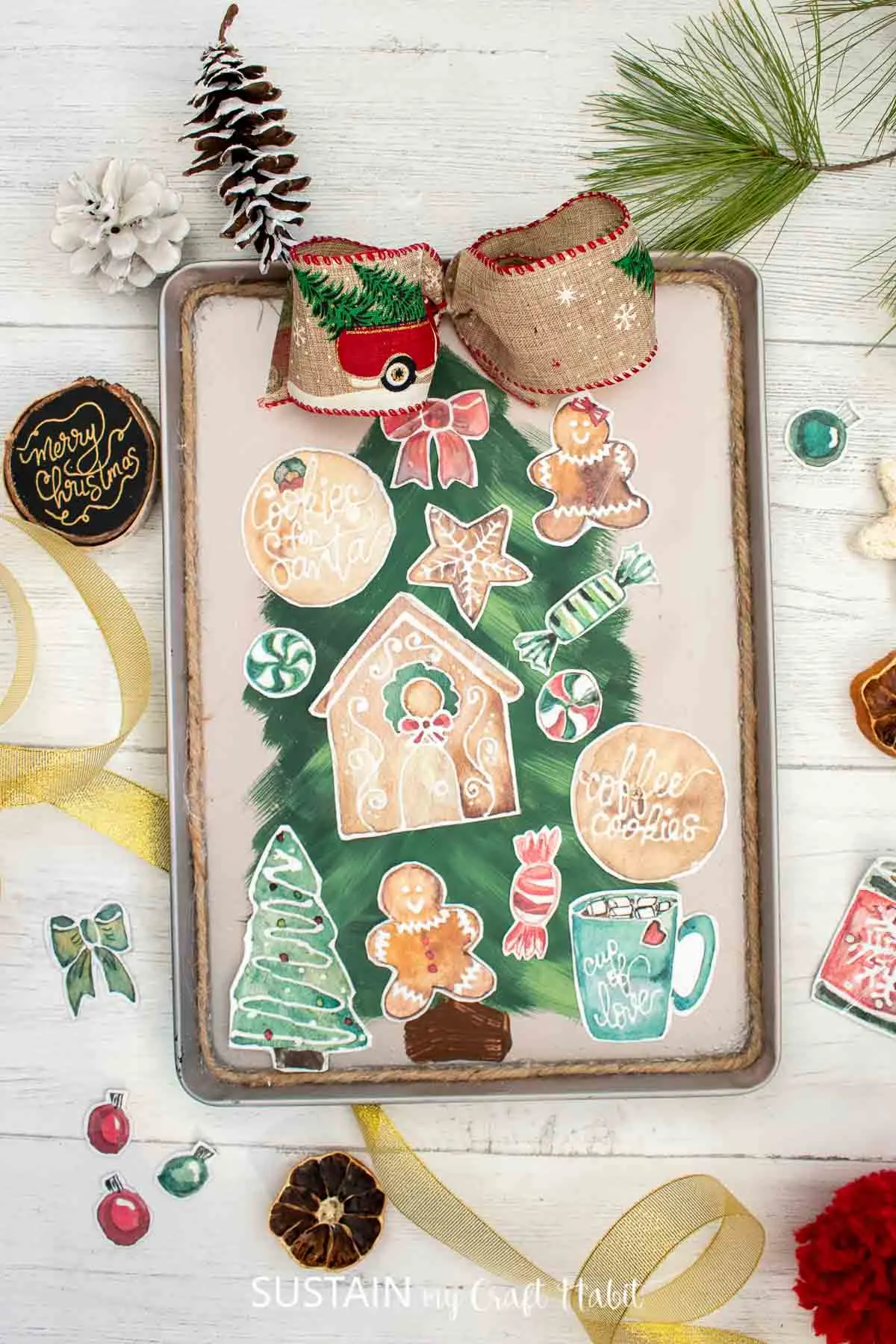 Magnets with Christmas printables on a magnetic cookie sheet.