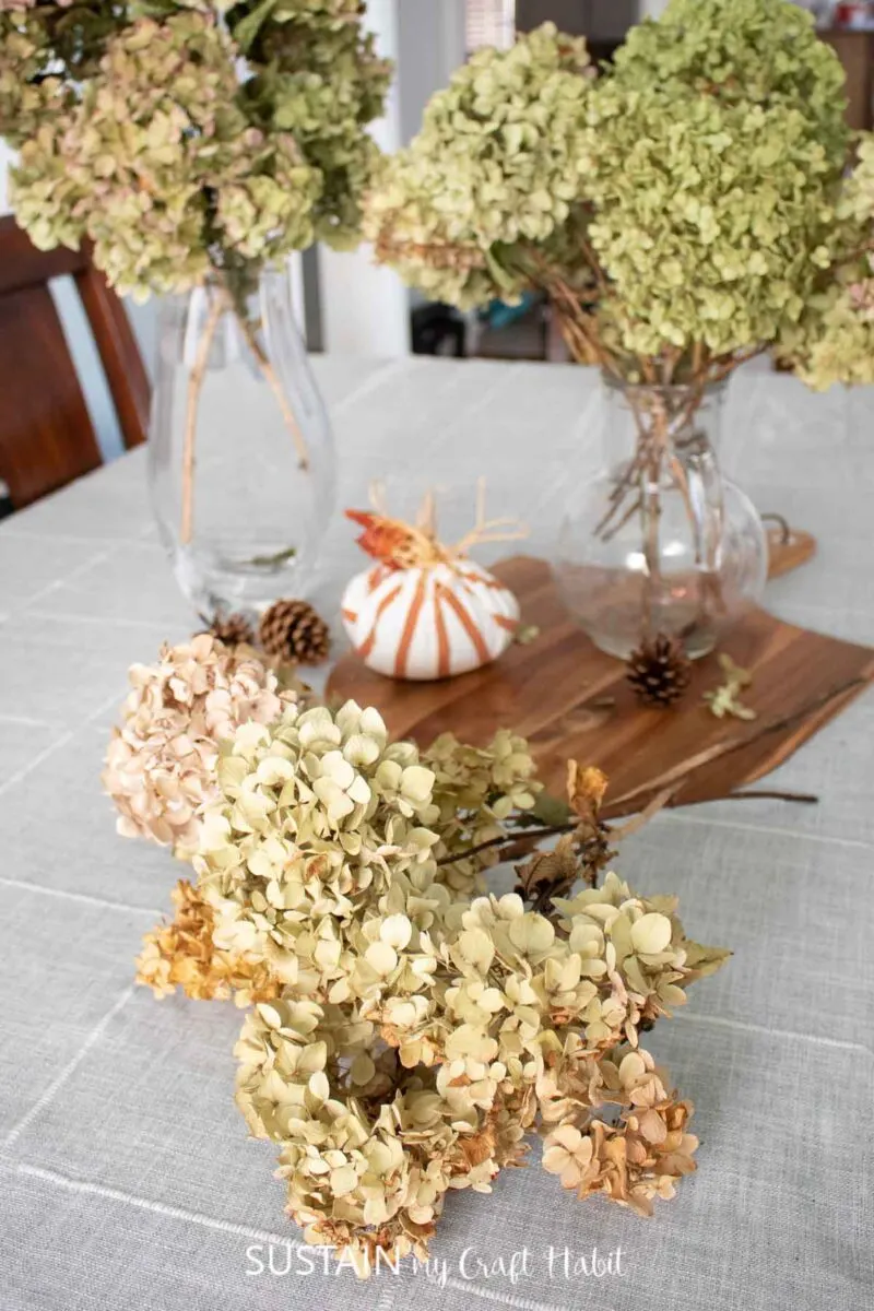 Dried hydrangeas in vases and laying on on a table.