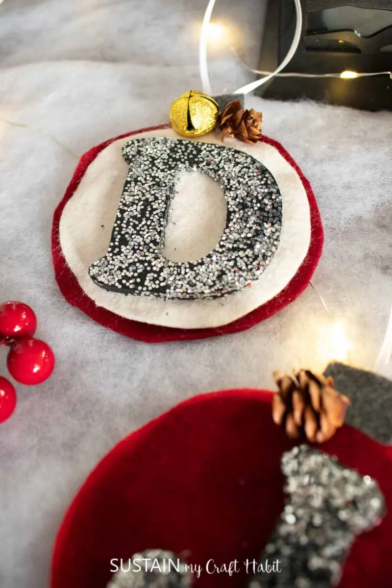 Close up of a felt monogram ornament with the letter D.