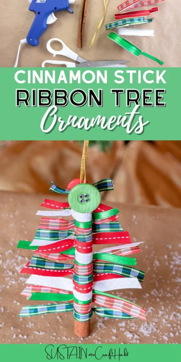 Collage of supplies and finished cinnamon stick ribbon tree with text overlay.
