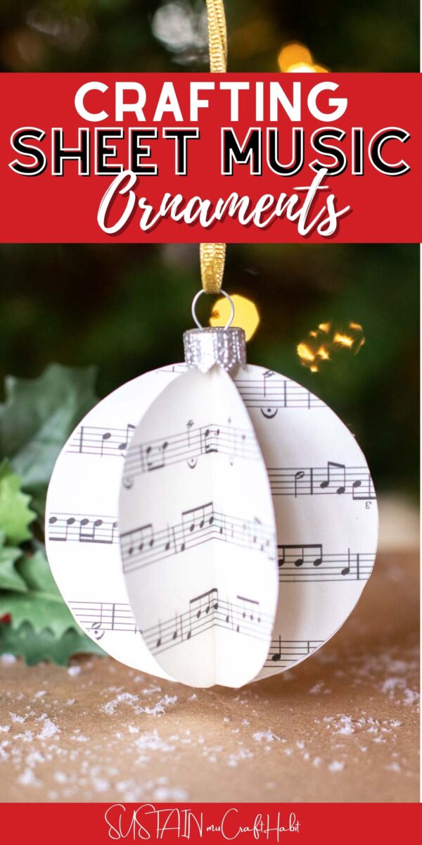 3D sheet music ornament with text overlay.