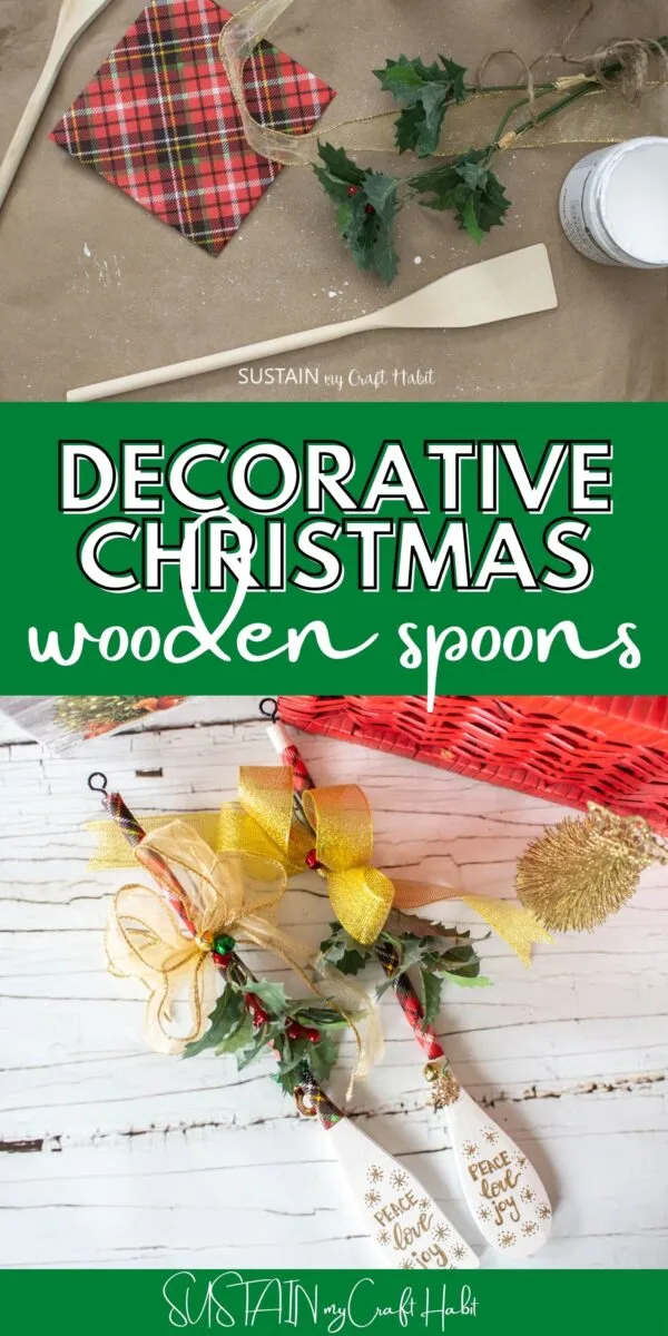 Collage showing materials and finished wooden spoons decorated for Christmas.
