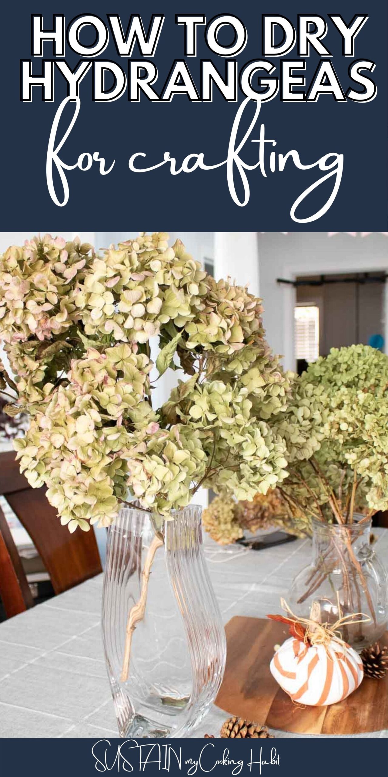 Dried hydrangeas a vase with text overlay.