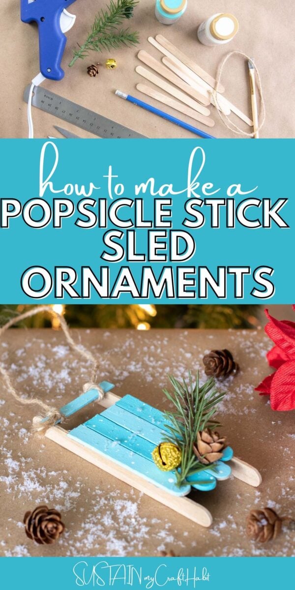 Collage of materials and popsicle stick sled ornament with greenery embellishments, twine and fake snow. 