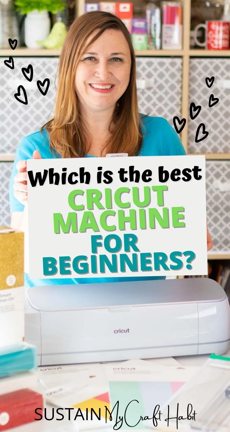 Woman in a blue top holding a sign that reads "which is the best Cricut Machine for Beginners".
