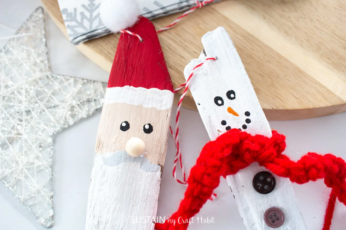 Driftwood Santa and snowman ornaments.