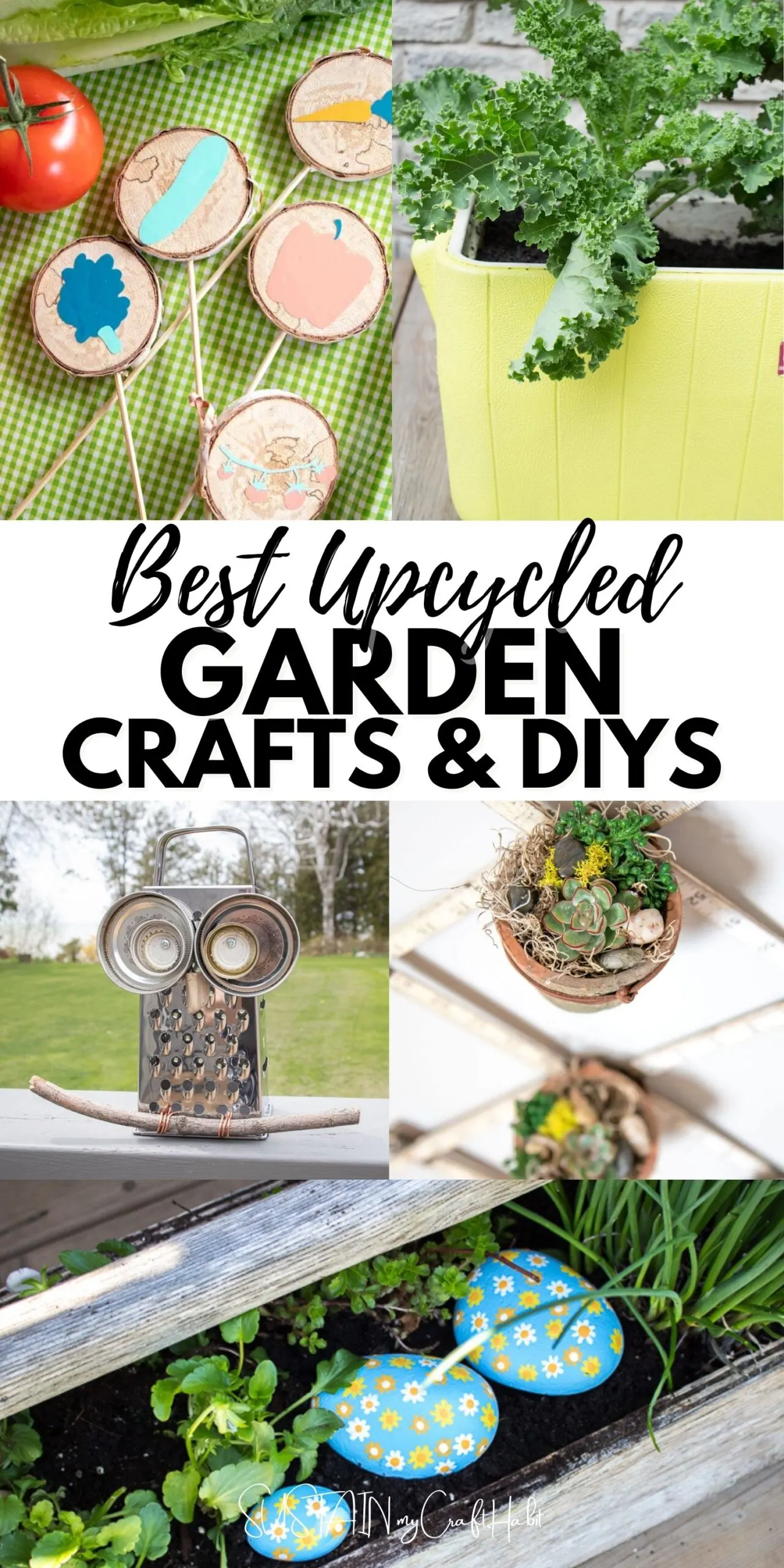 Collage of images as examples of upcycling ideas for the garden including planters, decor and crafts.