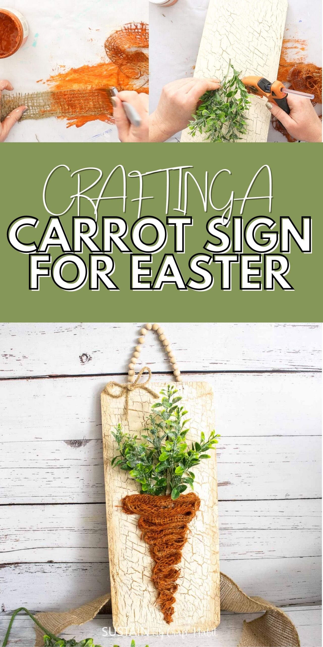Collage of process pictures showing how to make a carrot sign for Easter using a cedar plank, burlap and paint.