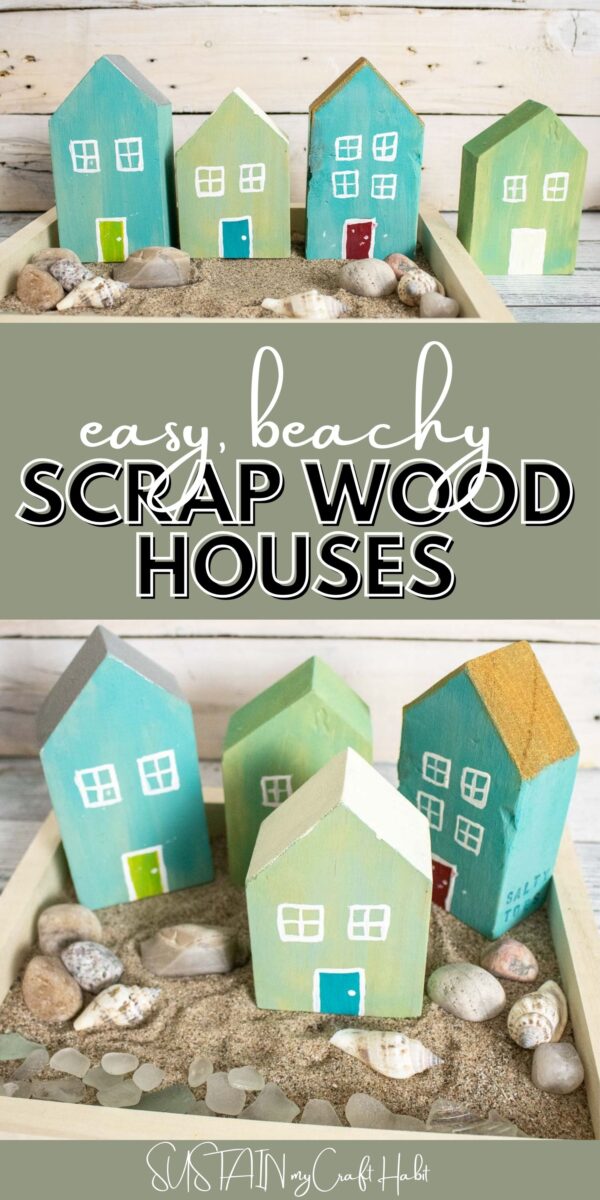Collage of scrap wood houses with text overlay.
