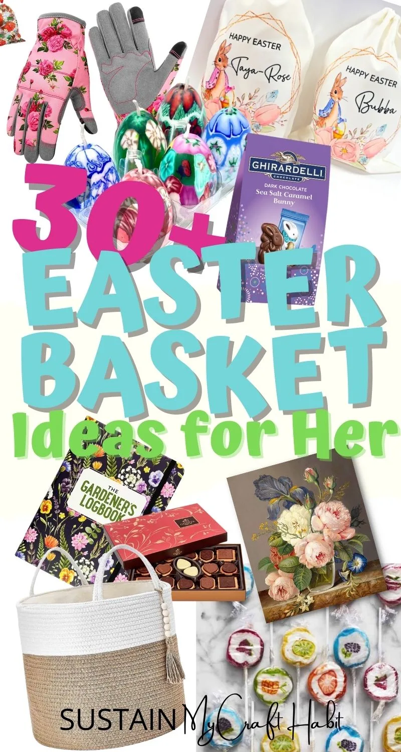 Collage of images showing examples of Easter basket ideas for the wife.
