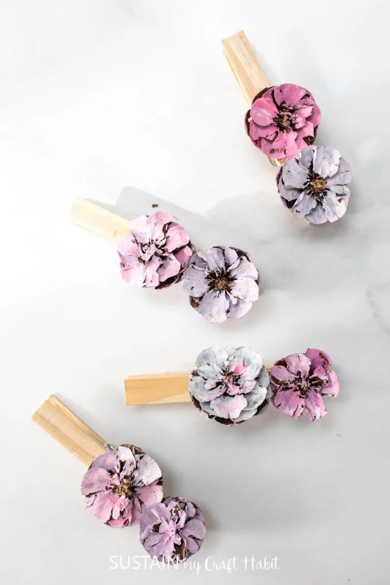 Painted pink pinecone clothespins.