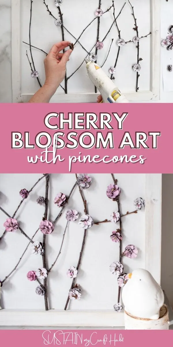 Collage of process showing how to make Cherry blossom pinecone art.