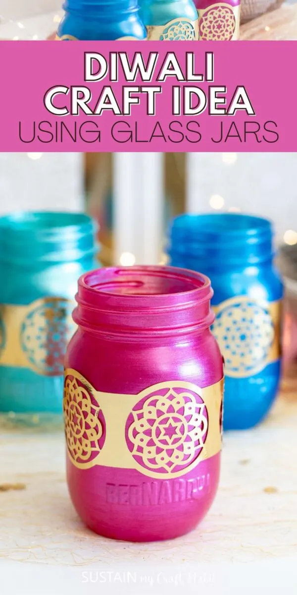 Colorful Diwali glass jars with text overlay.