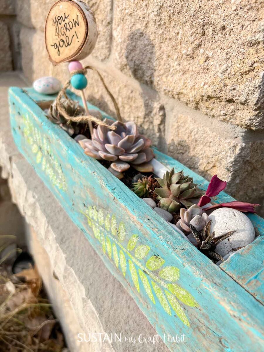 Painted succulent driftwood planter filled with rocks and succulents.