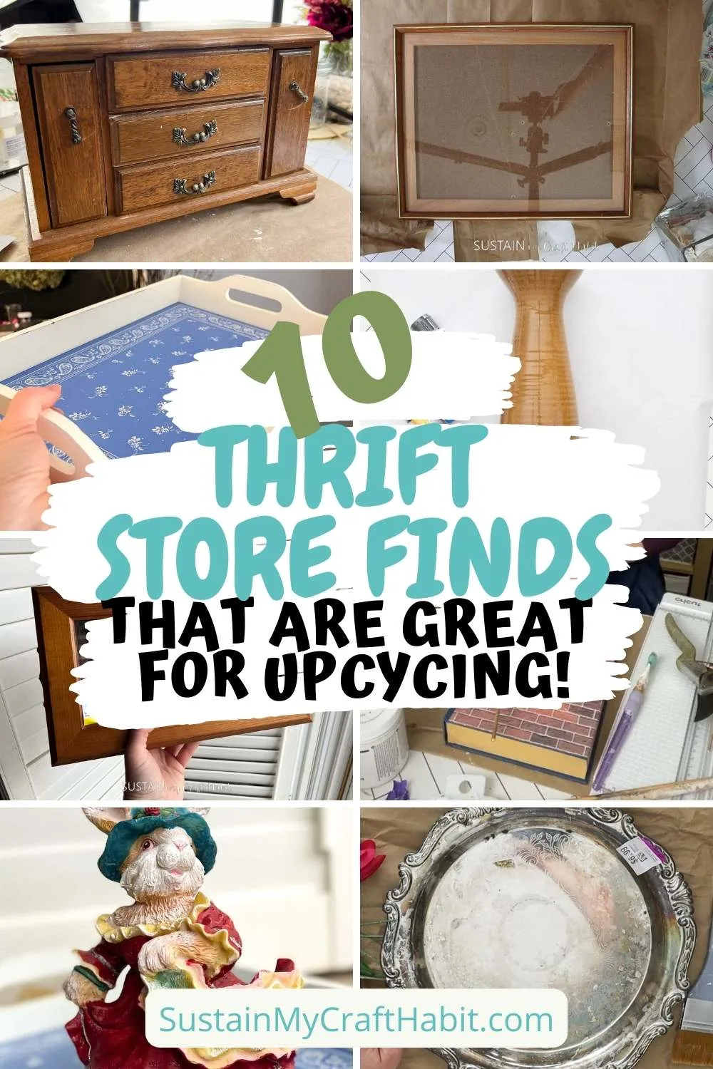 Collage of thrift store finds to upcycle including a jewelry box, frame, tray, silver platter and more.